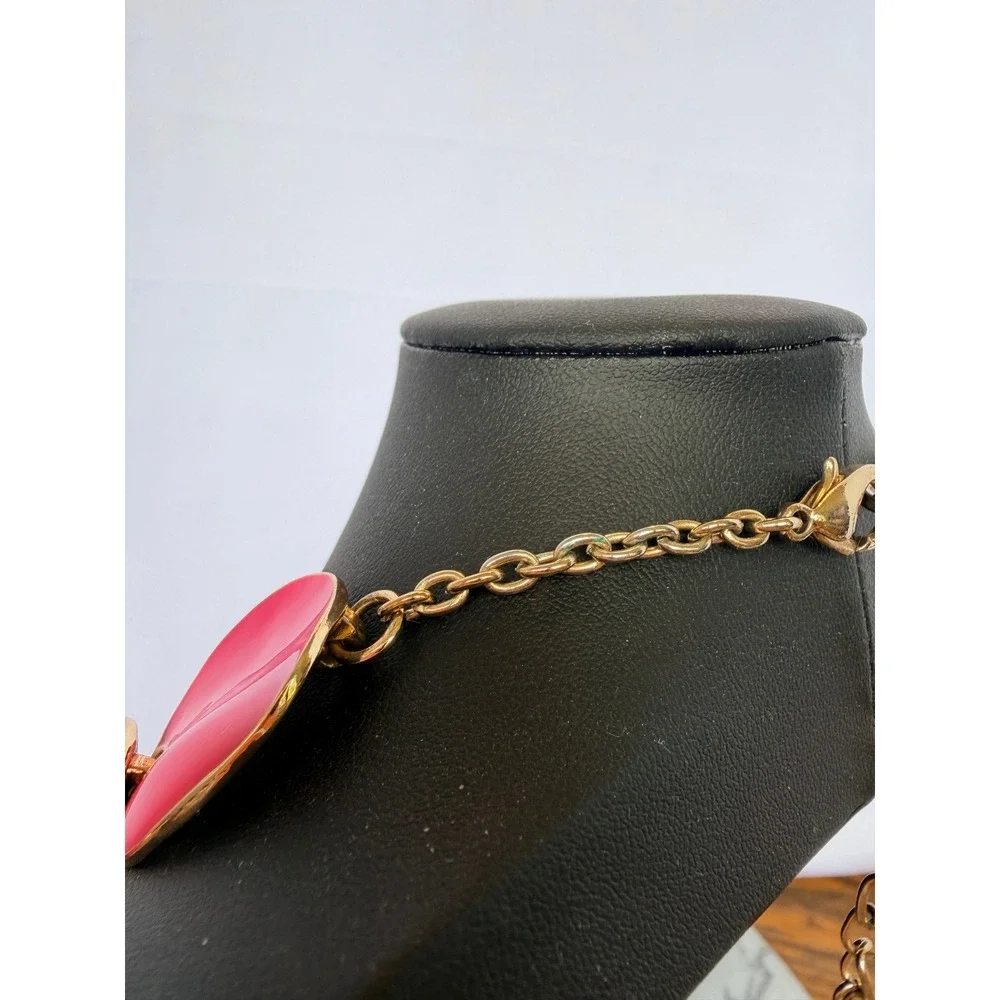 Talbots Hot Pink Fuchsia Enamel Petal Statement Necklace Gold Tone Adjustable